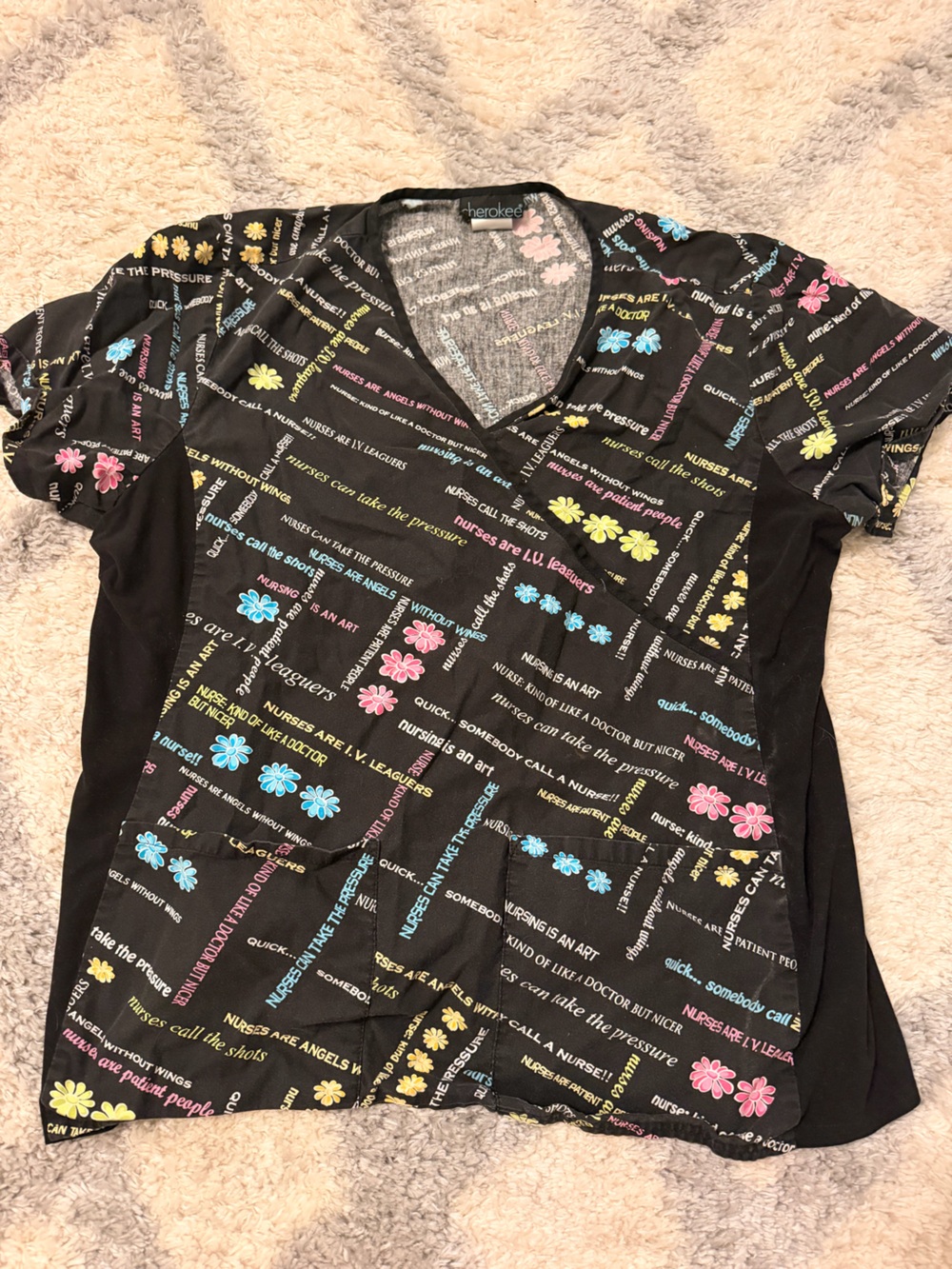 Cherokee Black Scrub Top with Pink Blue Yellow Floral Print